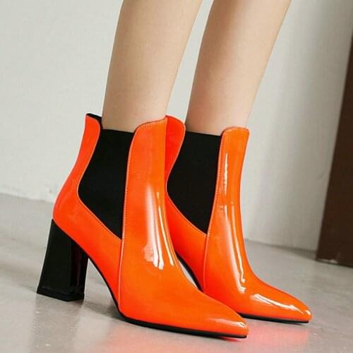 Orange Yellow Black Women Chelsea Boots Fashion Pointed Toe Thick High Heel Women Ankle Boots 2020 New Autumn Winter Female Shoe