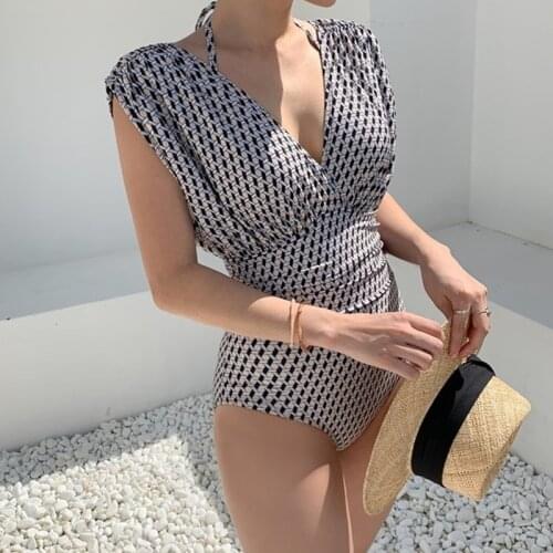2021 Women One Piece Swimsuit Push Up Sexy Swimwear Korean Style Bathing Suit Vintage Plaid Beach Wear Maillot De Bain Femme