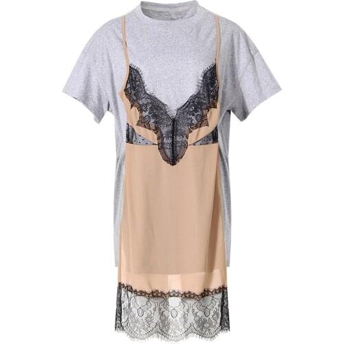 Womens Contrasting Lace Irregular Loose Dress O-Neck Fashion Short Sleeve Fake Two-Piece T-Shirt Dress Summer 2021 New