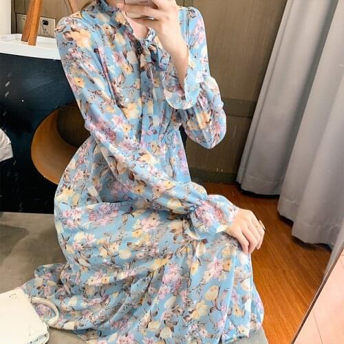 2021 Dresses for Women Spring and Autumn Korean Long Sleeve Floral Chiffon Medium Length Dress Pink Bow Puff Sleeve Vintage 1073