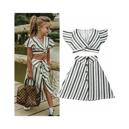2020 Summer Girl Stripe Clothes Set Girls Beach Casual Outfits Kids Toddler Ruffle Off-Shoulder T-Shirt Top+Bow Skirt Tutu Dress