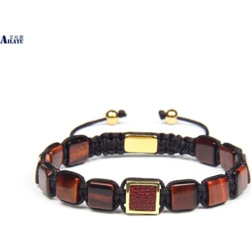 Ailatu New Genuine Python Leather Stingray Macrame Bracelet with 8x8mm Natural Red Tiger Eye Malachite Square Flatbed Stone