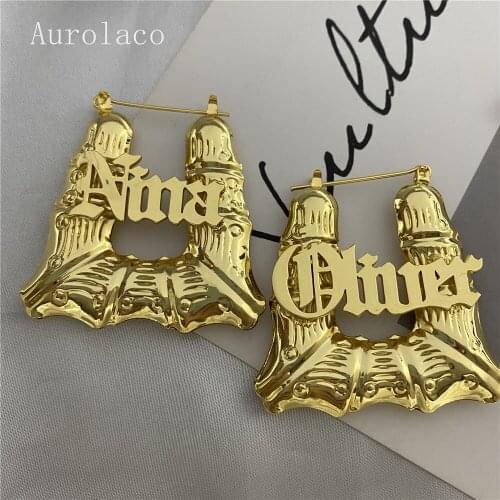 AurolaCo 45MM Custom New Style Bamboo Earrings Stainless Steel Custom Name Earring Custom Hip hop Bamboo Earring for Women Gift