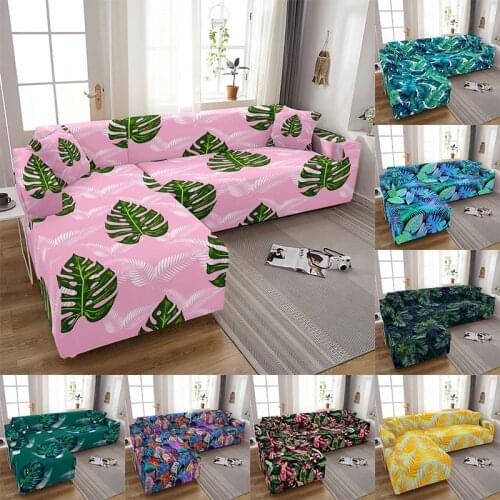 Tropical Plant Elastic L Shape Corner Sofa Cover For Living Room High Quality Stretch Cover Chaise Longue Slipcover Set 1-4 Seat