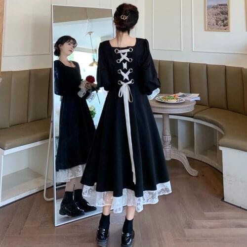 Gothic Dress Lace Patchwork A Line Black Dress Vintage Flare Sleeve Ankle-length Long Dresses Goth Kawaii Bandage Streetwear