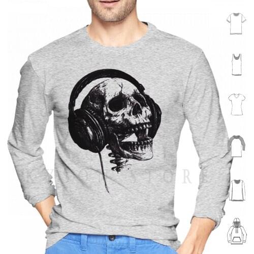 Music Forever Hoodie Long Sleeve Skull Life And Death Graphic Design Ink Black And White Hand Drawn Headphones Music
