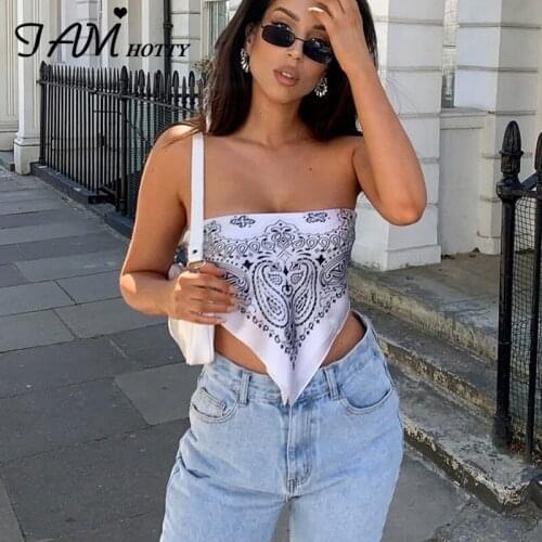 IAMHOTTY Print Casual Bandage Sexy 90s Crop Top Women Backless Vintage Sexy Bodycon Tops Ladies Strapless Girls Harajuku Tees