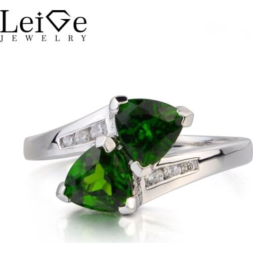 Leige Jewelry Promise Ring Natural Chrome Diopside Ring Trillion Cut Green Gems 925 Sterling Silver Ring Two Stones Ring for Her