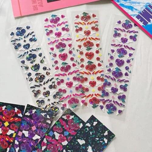 Korean Ins Color Love Cherry Cute Stickers Blingbling Laser Paster Star Idol Photo Stationery DIY Decorative Sticker Waterproof