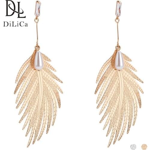 DiLiCa Fashion Drop Dangle Earrings for Women Alloy Leaf Statement Earrings Long Imitation Pearl Earring Gold Silver Color