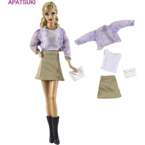 Fashion Doll Clothes Set for Barbie Doll Outfits Purple Coat White Tank Khaki Skirt Bag Costume 1/6 Dolls Accessories Kids Toy