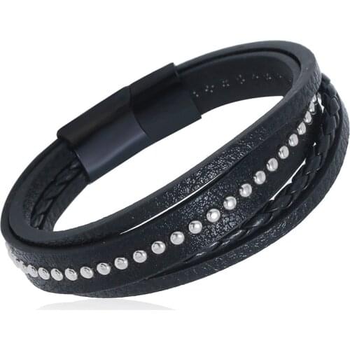 Punk Men Jewelry Black Rivets Braided Leather Bracelet Stainless Steel Magnetic Clasp Fashion Bangles 20.5/22.5cm