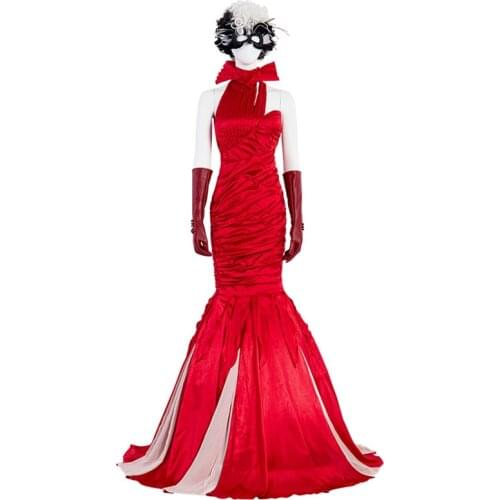 New Arrival Sexy Cruella Cosplay Red Dresses Fashion Queen Costume Wedding Evening Party Halloween Gown Fancy Wig Mask Dress