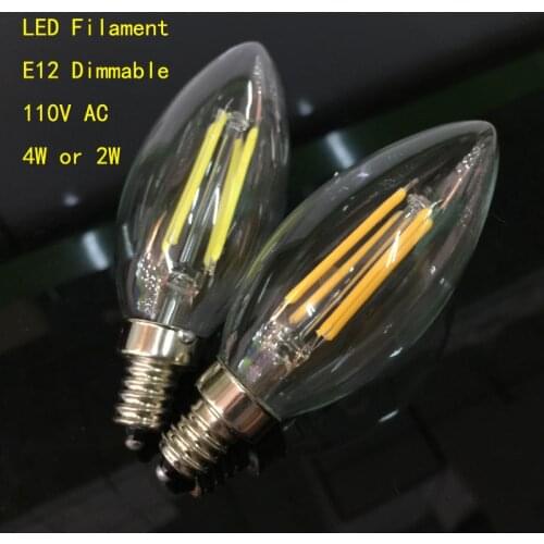 New Design 2W 4W E12 110V AC Dimmable E12 C35 LED Filament Candle Bulbs CRI 80 360 Degree 10Pcs/Lot Free Shipping