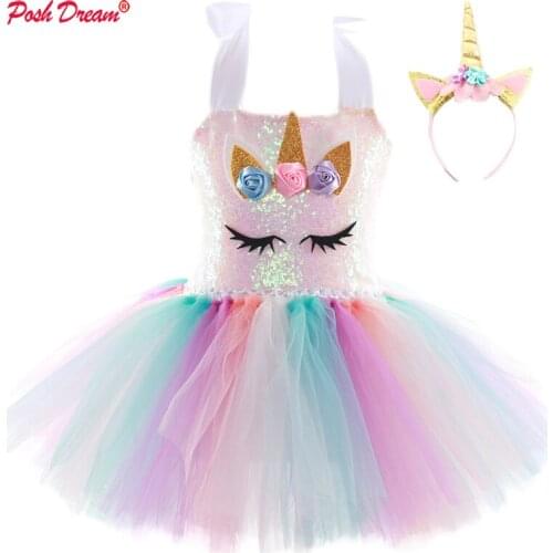 POSH DREAM Little Child Pony Dress Unicorn Birthday Tutu Dress for Girls Unicorn Dress Sequin Top Pastel Clothing Kids Christmas