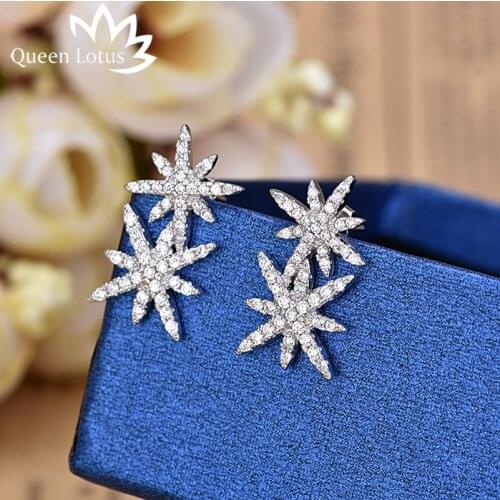Queen Lotus High Quality Double Star Women Stud Earrings AAA Zircon Brand Design For Gift And Party