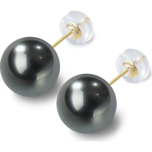 HENGSHENG Genuine 18K Gold Earrings 8-9mm Tahiti Natural-Ocean Round Black Pearls Stud Earrings For Women Classic Fine Jewelry