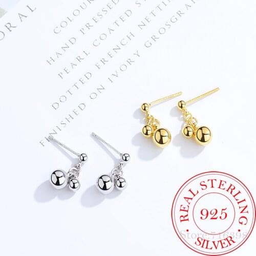 925 Solid Sterling Silver Round Bead Ear Piercing Stud Earrings for Girls Women Fashion Jewelry Pendientes