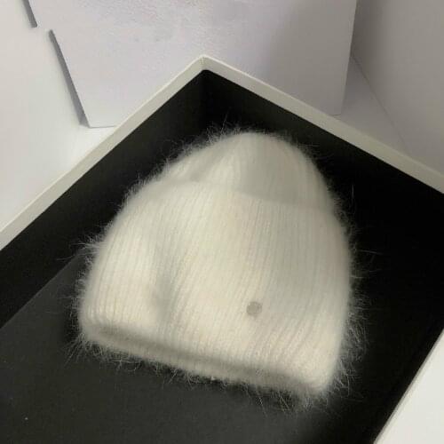Autumn Winter Women Rabbit Fur Letter Beanies Hat Lady Girls Outdoor Fashion Solid Color Knitted Hat Warm Soft Bonnet Skullies