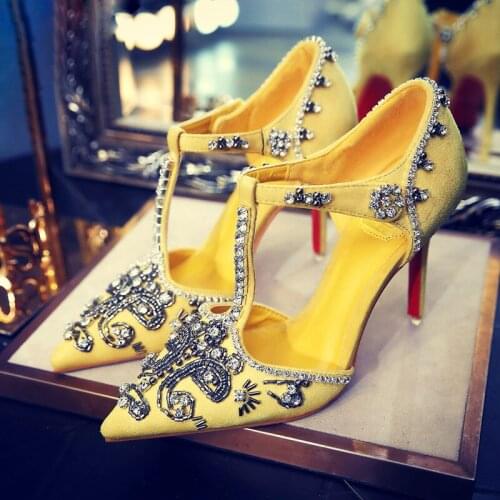 Women Bling Rhinestone T-Strap Pointed Toe Pumps Stiletto Heel Crystal Beads Wedding Shoes Banquet Elegant High Heels