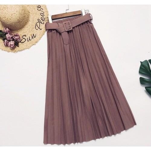 High Waist Women Skirt Casual Vintage Solid Belted Pleated Midi Skirts Lady 11 Colors Fashion Simple Saia Mujer Faldas