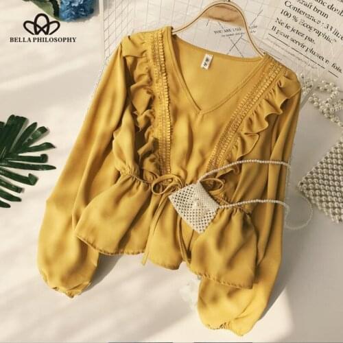 Heydress Drawstring Sash Ruffles Women Blouse V-Neck Lace Patchwork Vintage Blusa Summer autumn Solid Slim Fashion Shirt Tops