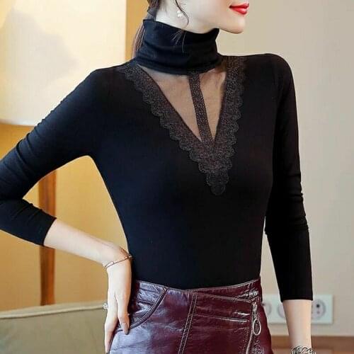 Womens Spring Autumn Style Lace Blouses Shirt Womens Turtleneck Long Sleeve Mesh Lace Splicing Tops DD9085