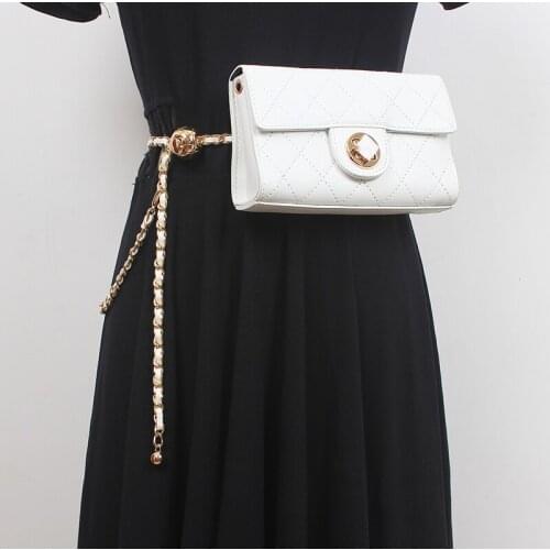 Womens Runway Fashion Metal Chain PU Leather Bag Cummerbunds Female Dress Corsets Waistband Belts Decoration Wide Belt R1673
