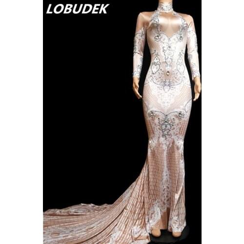 Female Party Crystals stage Costume Sexy slim long Trailing one piece Dress Prom Bar nightclub Celebration performance clothes
