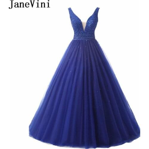 JaneVini Luxurious Beaded Royal Blue Prom Dress V Neck Ball Gown Backless Tulle Sequins Burgundy Bridesmaid Dresses Formal Gowns