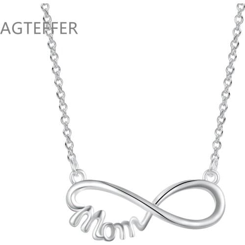AGTEFFER 925 Sterling Silver 18 Inch Mom Pendant Necklace For Women Fashion Wedding Engagement Charm Jewelry