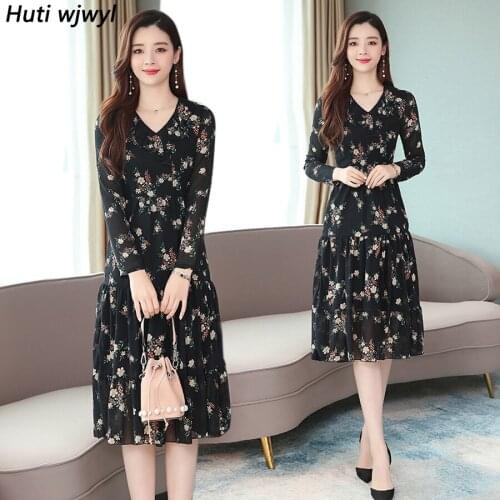 2021 Femal Vintage Floral Chiffon Midi Dresses Autumn Winter Print Black Long Sleeve Dress Elegant Women Bodycon Party Vestidos