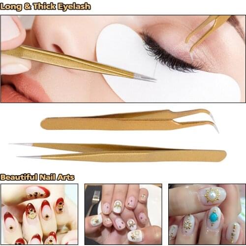 2Pcs Straight & Curved Tweezers Nippers False Eyelash Extension Nail Art Nippers Clamp Stainless Steel Pointed Clip Clamp