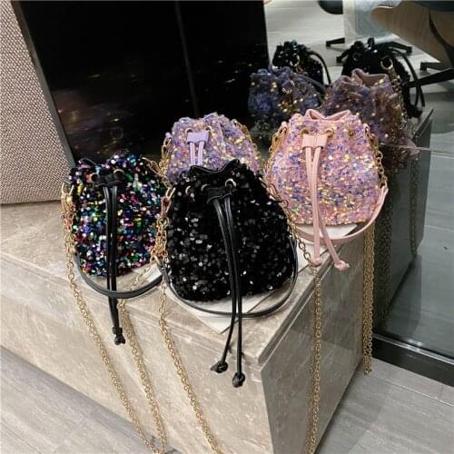 2021 Fashion sequins pumping mini bucket chain ladies shoulder handbags luxury money purse bling bag rhinestone for women