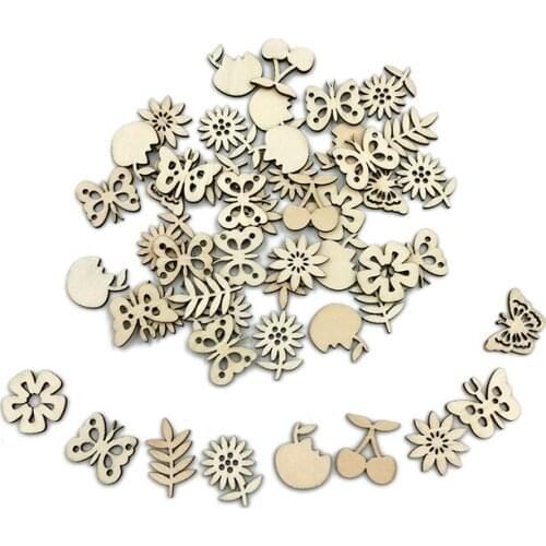 50pcs Unfinished Wooden Cutouts Flower Leaf Butterfly Blank Wood Slice Pieces Ornaments Hanging Embellishments for DIY Art Craft