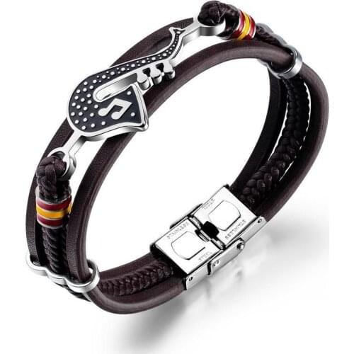 Personality Saxophone Bracelet Leather Woven Multilayer Mens Bracelet Popular All-Match Jewelry Gift