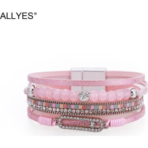 ALLYES Boho Shiny Crystal Oval Charm Leather Bracelets for Women Fashion Multilayer Wrap Bracelet Bangle Female Jewelry Gifts