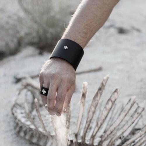 D&D Newest Design Black Ring Cross Genuine Leather Charms Ring Femme Simple Blank Design Amazing Width Ring Jewelry