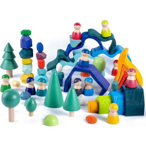 Baby Wooden Toys Rainbow Stacking Blocks Elemental Tree Building Blocks Car Stone Volcano Coral Sea Wave Montessori toys for Kid