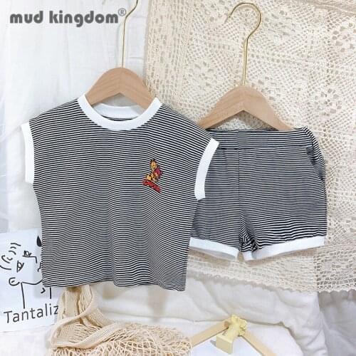 Mudkingdom T-shirts Shorts Set for Boys Girls Stripe Cartoons Sleeveless Tees Tops Sports Sets Kids Fashion Summer Outfits