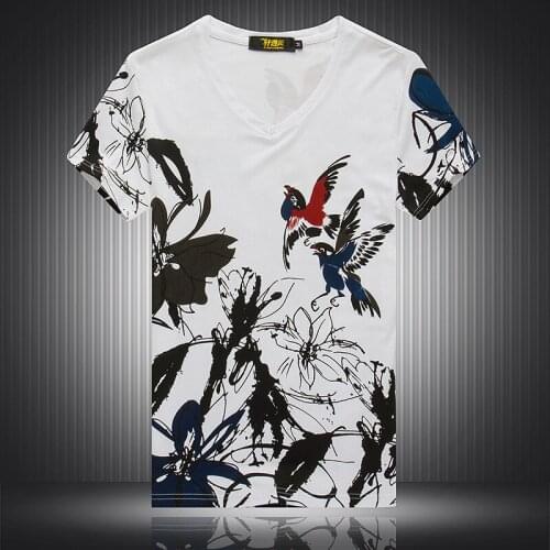 Flowers and swallow bird pattern printing fashion short sleeve t shirt Summer 2018 New quality cotton boutique t shirt men M-4XL