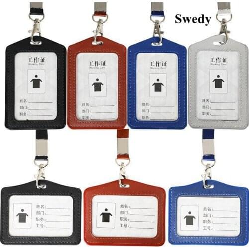 PU Leather ID Badge Holder Waterproof Clear Name ID Card Holder Window With Detachable Neck Lanyard For School ID Office