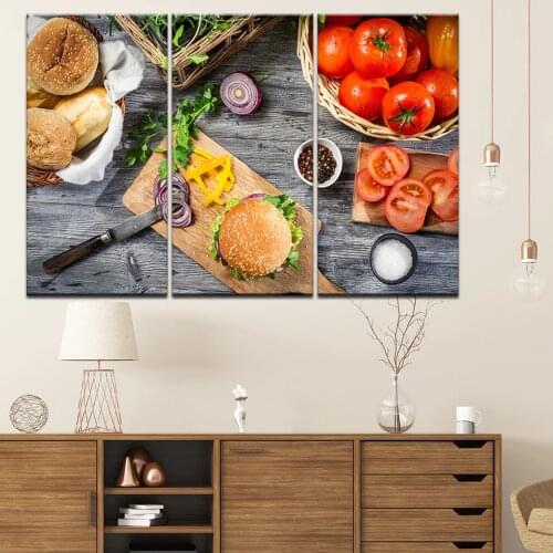 Canvas Painting Hamburger tomatoes bread onion knife 3 Pieces Wall Art Painting Modular Wallpapers Poster Print Home Decor