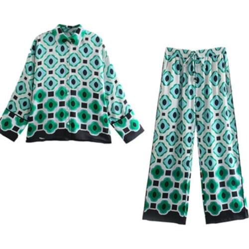 2 piece set women Suit female Ladies holiday printed long-sleeved cardigan sun kimono loose jacket print wide leg pants
