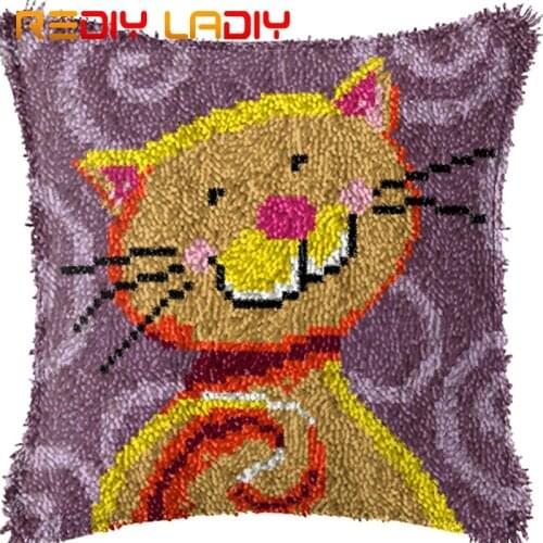 Latch Hook Cushion Smile Kitten Brown Pillow Case Acrylic Yarn Sofa Pillow Printed Canvas Crochet Cushion Cover Hobby & Crafts