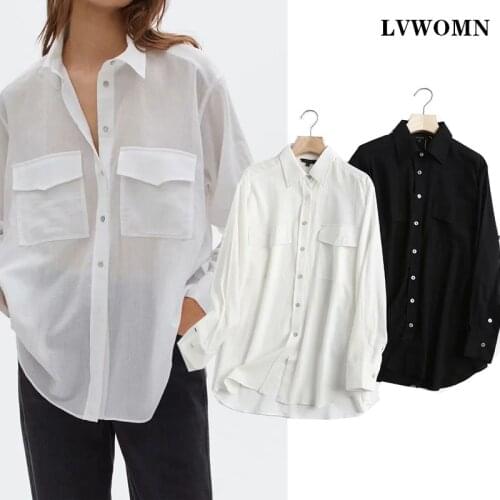 LVWOMN White Blouse Women 2021 Za Spring Vintage Long Sleeve Oversized Black Shirt Female Pocket Office Casual Tops Blusas