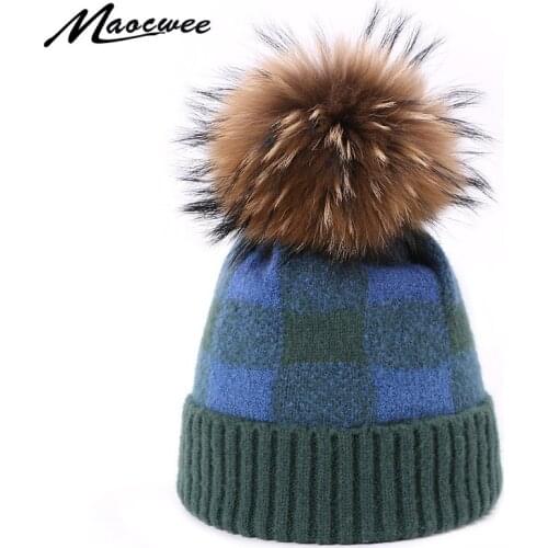 Pompoms Fur Knitted Winter Hats For Women Plaid Pattern Beanies Thick Winter Hats Natural Fur Female Beanies Caps Warm Hat 2019