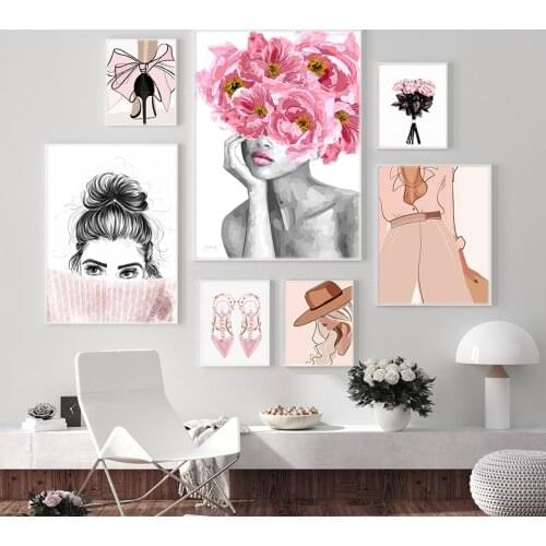 Pink Flower Rose Fashion Abstract Girl Poster High Heels Print Canvas Art Painting Wall Picture Modern Girl Room Home Decoration