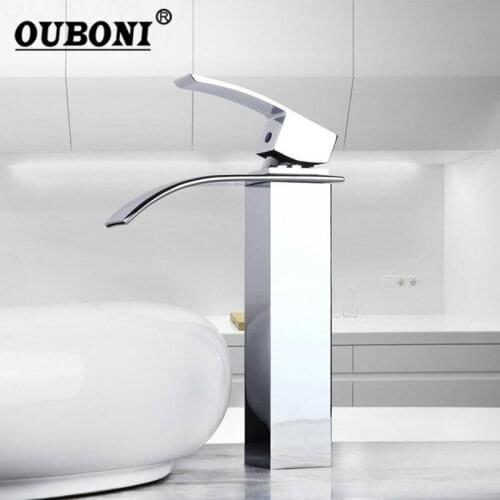 OUBONI Chrome Polished Bathroom Faucet Deck Mounted Basin Sink Mixer Waterfall Basin Sink Faucet Single Handle Tap