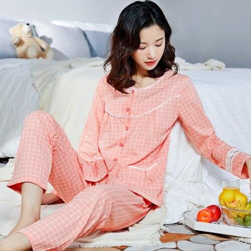 Women 100% Cotton Pajmas Set 2pieces PJ O-Neck Homeclothes Warm Pure Cotton Pijama Nightwear Winter Plaid Cute Pyjamas Femme